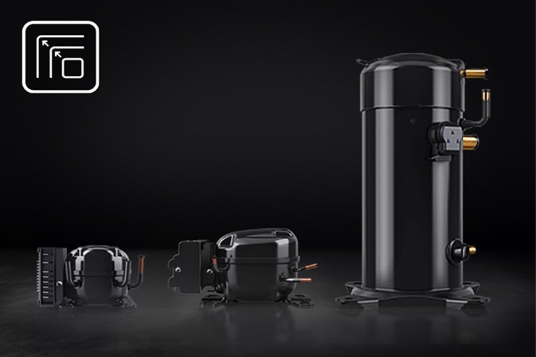 Lineup of LG compressors in various sizes placed on a dark reflective surface, illustrating flexible design options from space-saving residential units to large-capacity commercial refrigeration systems.