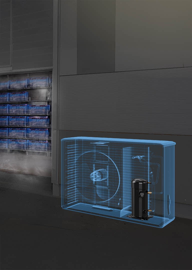 Industrial cold storage facility with an open freezer room filled with stacked crates, featuring a transparent overlay of an LG outdoor refrigeration unit showing internal compressor components for precise low-temperature control.