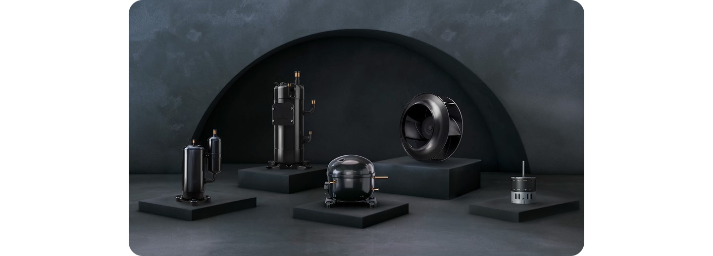 A professional product lineup display of various LG compressor types—including rotary, scroll, and reciprocating—alongside an HVAC motor.