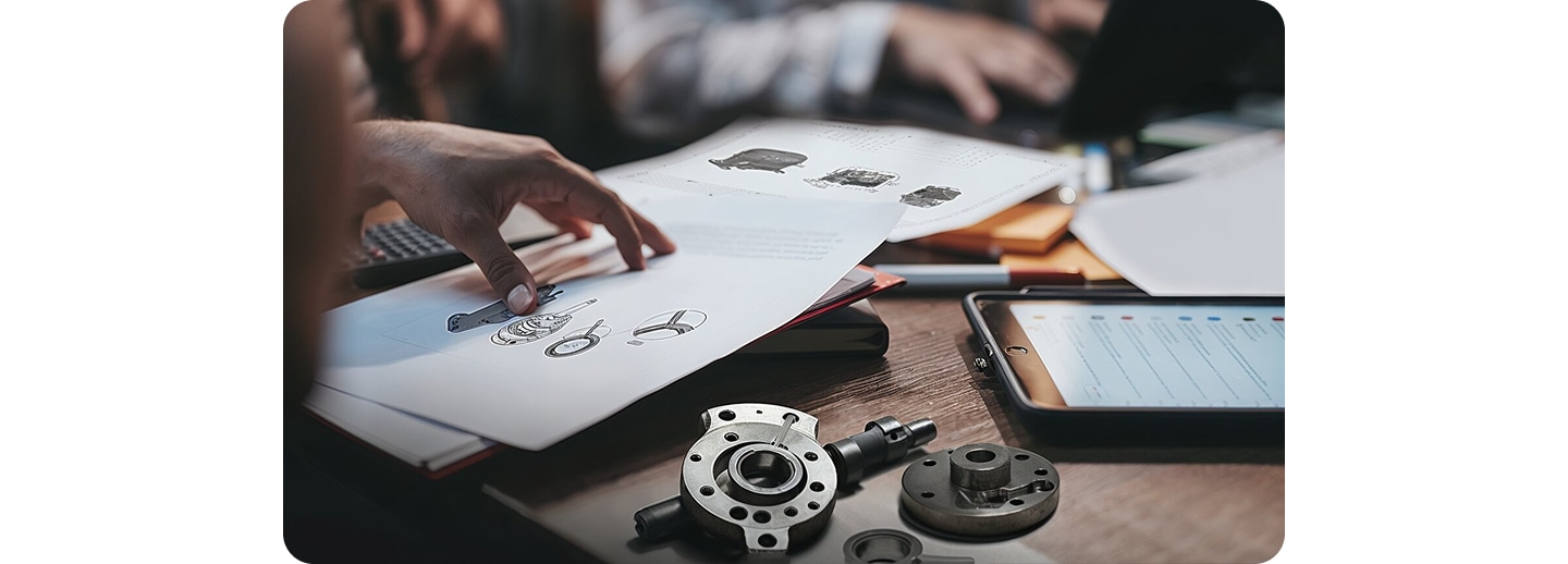 Close-up of engineers collaborating at a desk, reviewing technical blueprints and physical mechanical components of LG compressors.