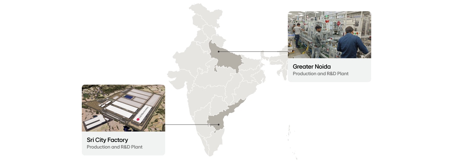 An infographic map of India highlighting LG's local manufacturing presence with R&D and production plants in Greater Noida and Sri City.