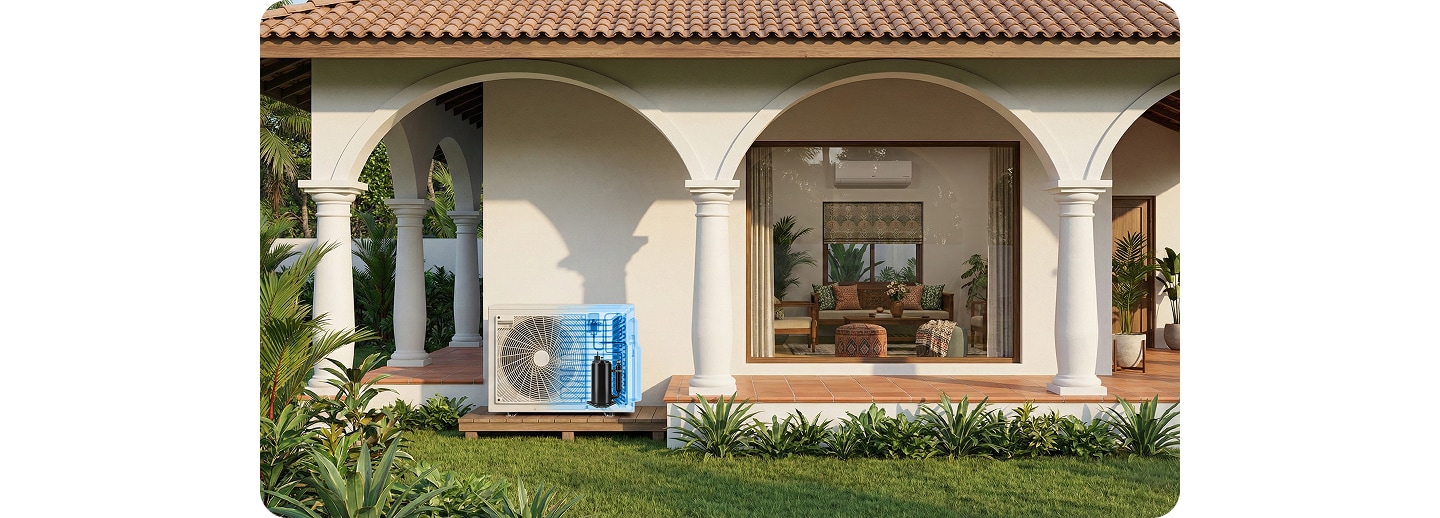 A residential home exterior featuring an LG outdoor air conditioning unit with a cutaway view showing the internal compressor, demonstrating home cooling solutions.