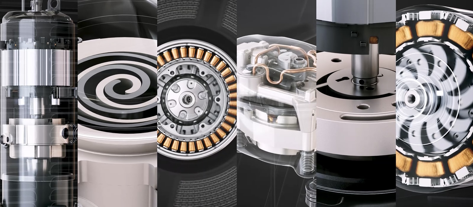 Close-up montage of electric motor and compressor components, showing internal mechanical and electromagnetic parts.