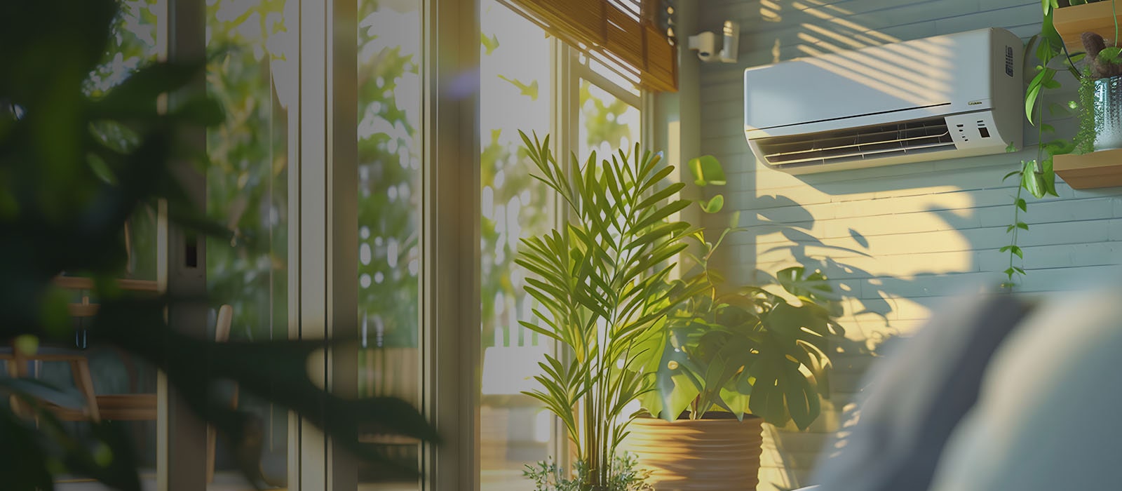 The image shows a cozy living space bathed in warm sunlight with a white air conditioner unit hanging on the wall, and potted plants are placed.