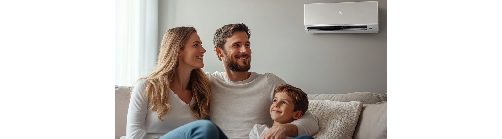 A family of three is comfortably seated on the sofa, enjoying the cool breeze from the aircond