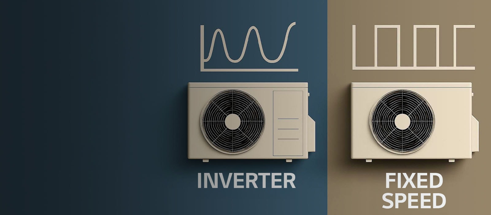 Inverter unit showing on the left and fixed-speed unit showing on the right with the graph representing their operation