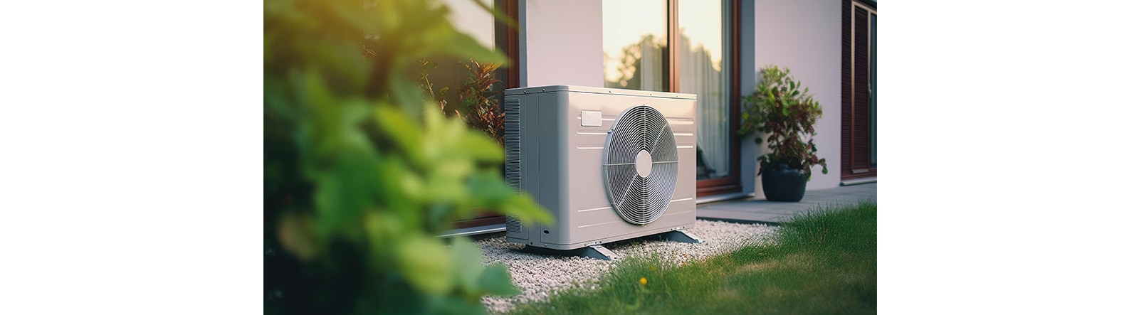 A heat pump is installed in the backyard of a residential building.