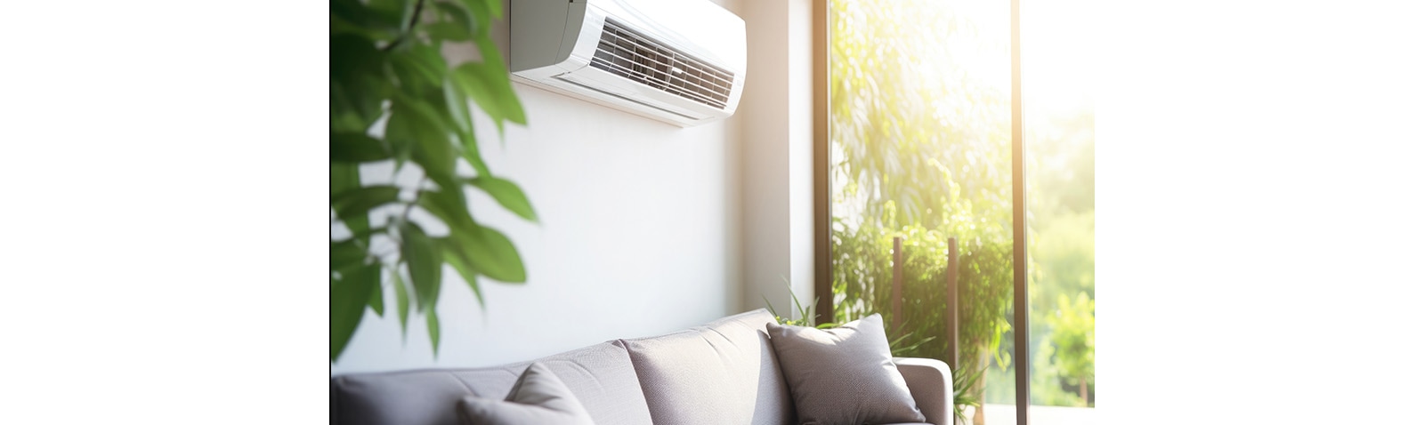 An air-con hanging on the wall of the living room, bright sunny day.