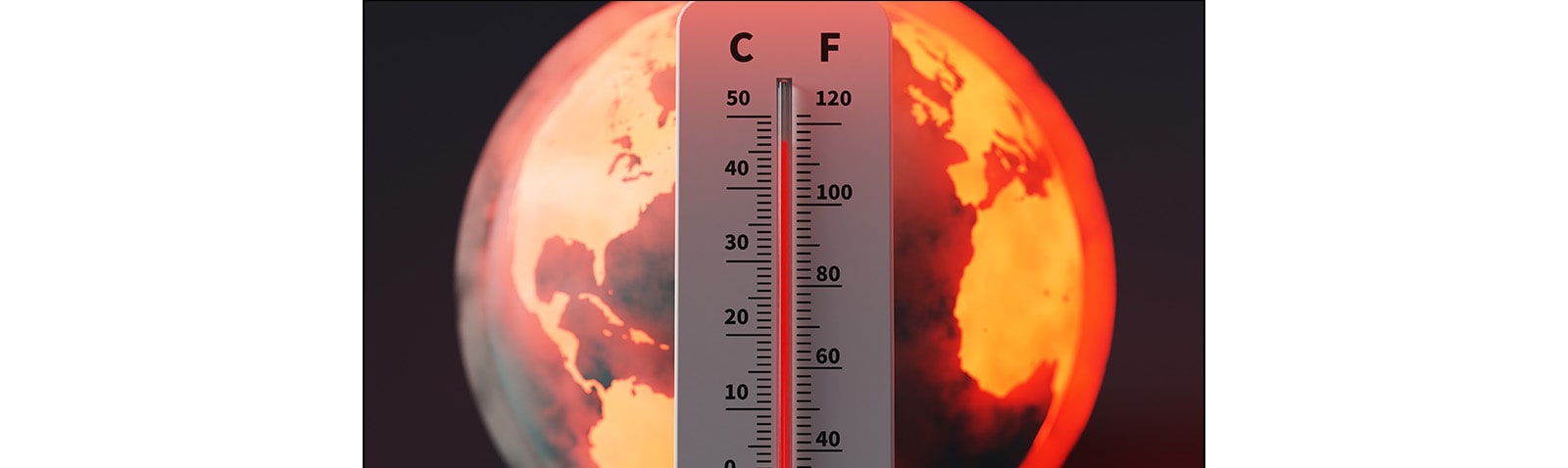 A thermometer with high temperature, the sun as the background of it.