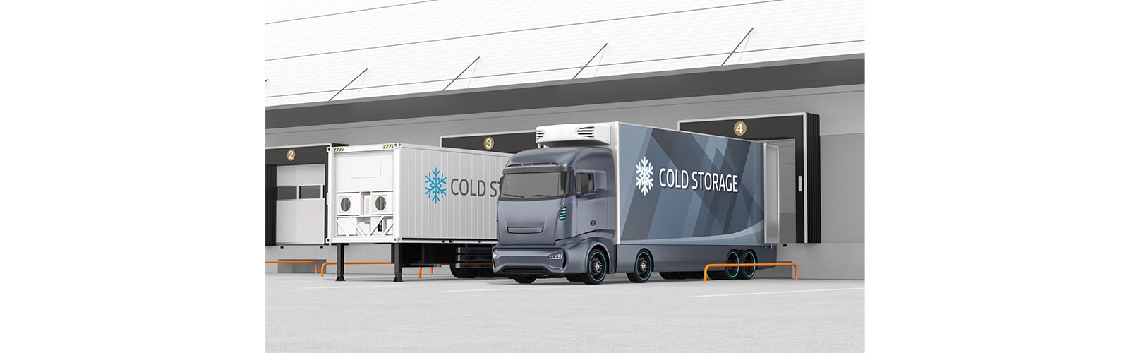 Blue Truck with Reefer Container and Single Container Trailer Parking in Logistics Center
