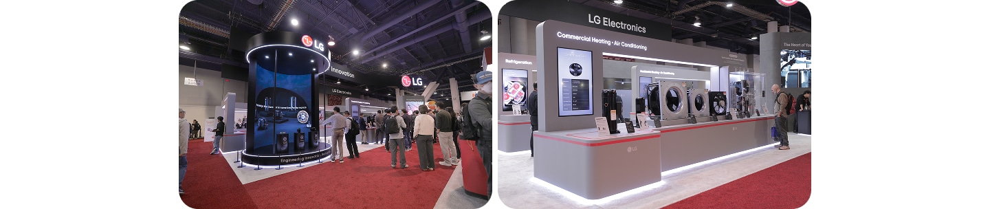 A wide view of the LG Electronics booth at AHR Expo 2026, featuring a large circular display and visitors exploring commercial heating and air conditioning (HVAC) solutions and product lineups.