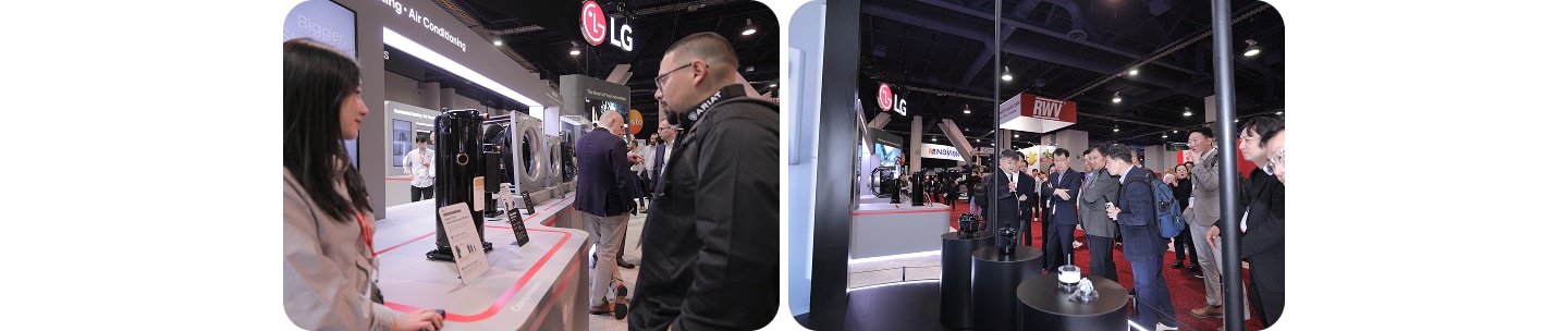 LG Electronics experts providing technical consultations to visitors about the latest HVAC products and compressor technologies at the AHR Expo 2026 booth.