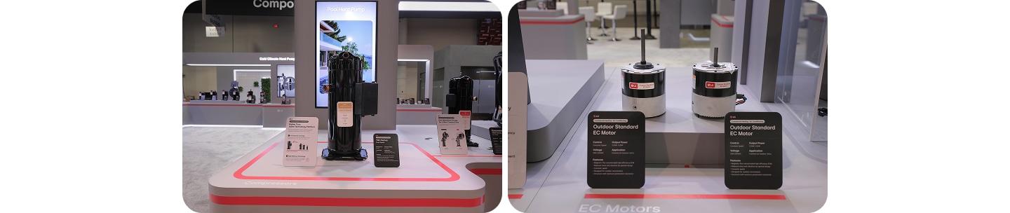 Detailed view of LG Electronics' high-efficiency components at AHR Expo 2026, including compressors for pool heat pumps and Outdoor Standard EC Motors.