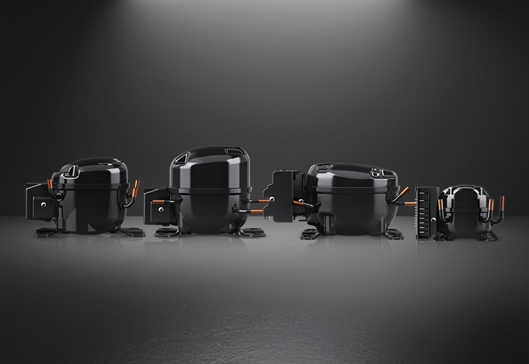 Range of LG reciprocating compressors in different sizes, displayed on a dark background.