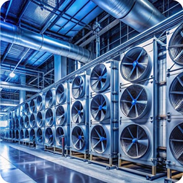 Large cooling units with fans inside a data center are arranged in rows.