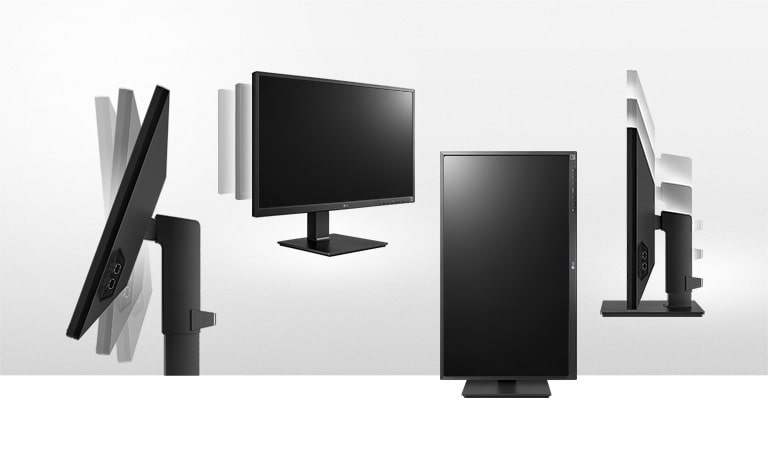 the monitor in the ergonomic design supporting tilt, swivel, pivot and height adjustment options and offering one click stand.