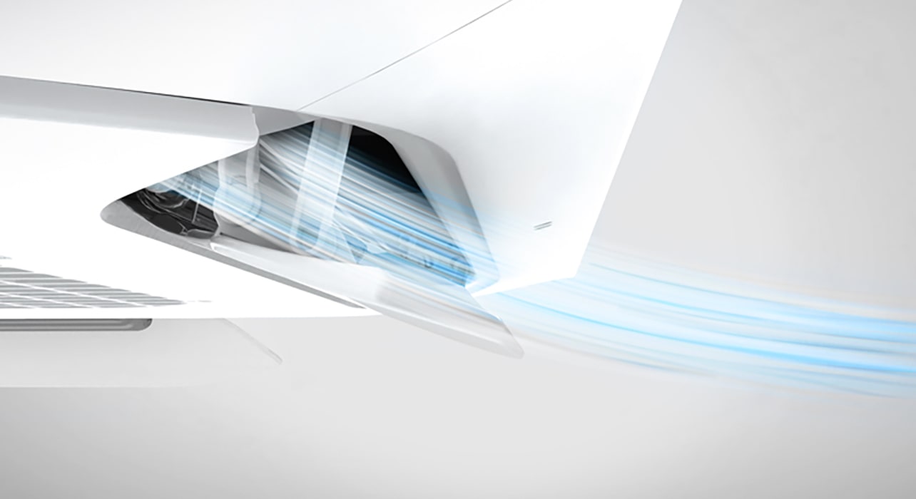 Close-up of LG ceiling air conditioner emitting cool blue airflow, representing efficient split-type air distribution. Visualizes LG’s advanced airflow technology for precise temperature control.