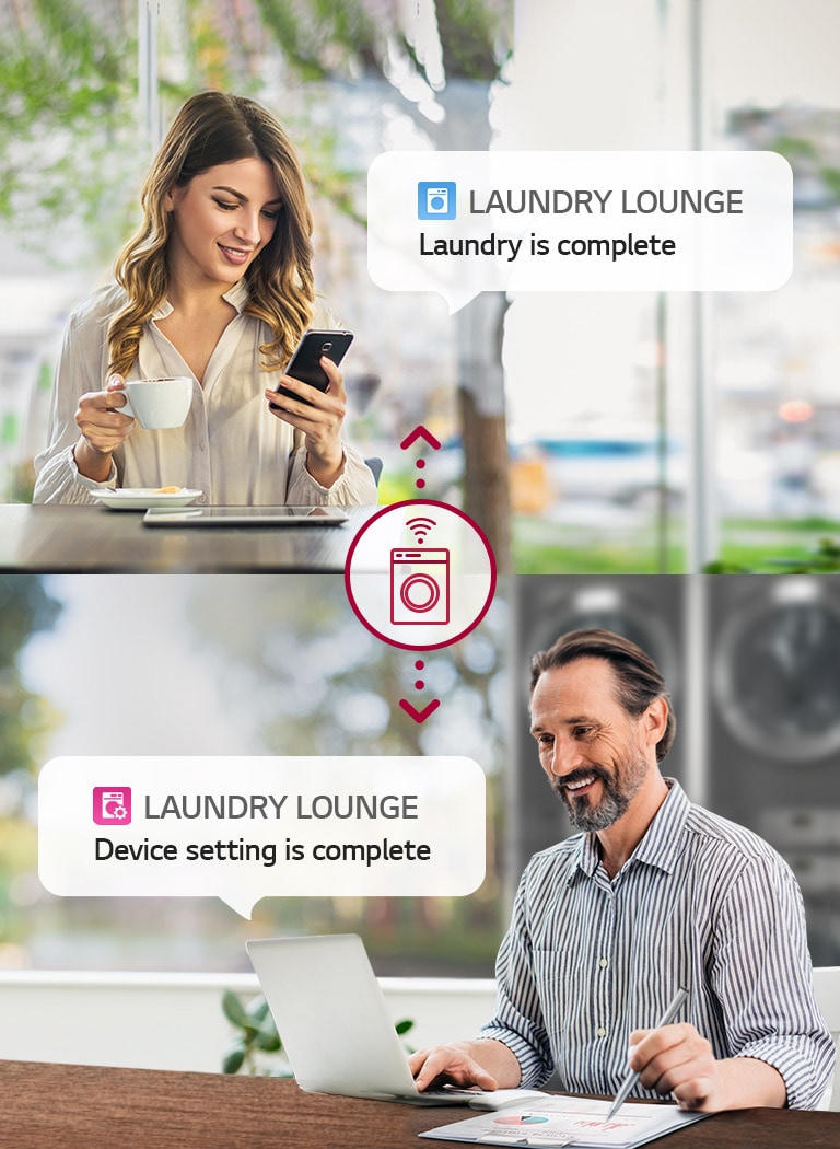 The image shows a woman using her smartphone in a cafe and a man receiving a laundry completion notification on his laptop, demonstrating the convenience of LG's Smarter Washing Machine system.
