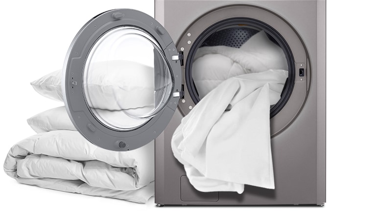 The image shows an open LG Commercial Laundry with a large capacity, displaying neatly folded white towels inside, emphasizing its capability to handle substantial laundry loads efficiently.