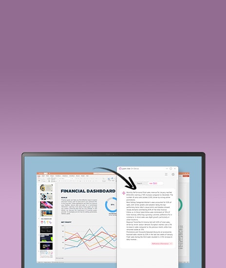 A laptop screen displaying a financial dashboard presentation alongside a pop-up window with AI-generated text summarizing the presentation. An arrow connects the two, emphasizing the AI's ability to create concise summaries.