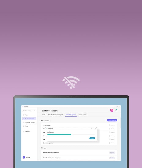 A laptop screen displaying a customer support interface with a system diagnosis progress bar, indicating offline functionality. A no-wifi icon at the top highlights operation without an internet connection.