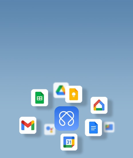 An illustration featuring various productivity app icons, such as Google Drive, Gmail, Google Sheets, and Google Calendar, surrounding a central gram AI Cloud logo. The image represents seamless integration of gram AI Cloud with popular productivity tools.	