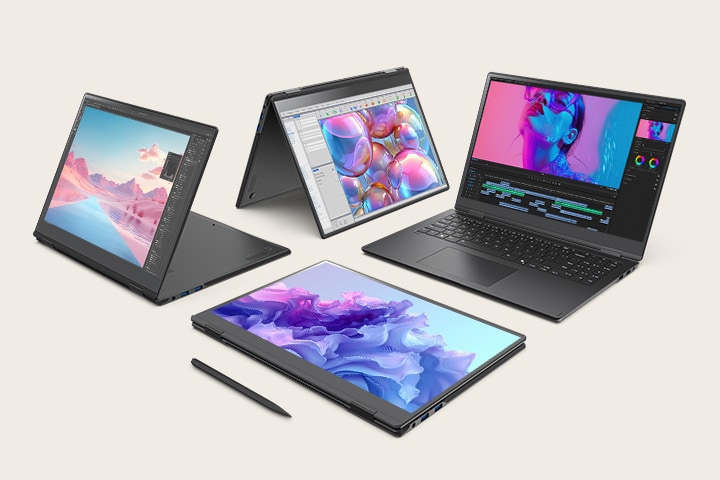 This image showcases four convertible laptops in various modes: stand mode, laptop mode, tablet mode, and tent mode. It highlights the laptop's versatility across different configurations, with each screen displaying an image in purple and pink tones. In front of the laptop set in tablet mode, there is a stylus pen.	