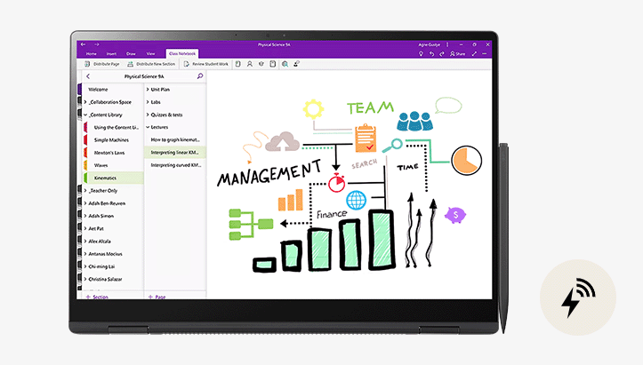 This image shows a laptop in tablet mode with a stylus pen attached to its right side, accompanied by a charging icon indicating power status. Another image displays a laptop with an open screen, where the stylus pen is attached to the bottom-right side of the keyboard, along with a charging icon, demonstrating its wireless charging capability.	