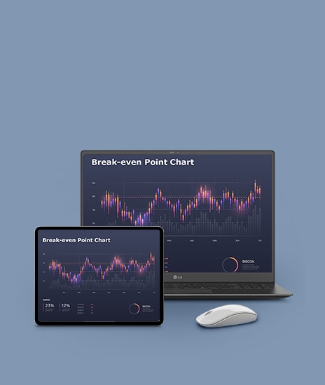 A gray laptop and a tablet side by side, both showing a &quot;Break-even Point Chart&quot; with a line graph in vibrant colors against a dark background. A wireless mouse is placed next to the laptop.