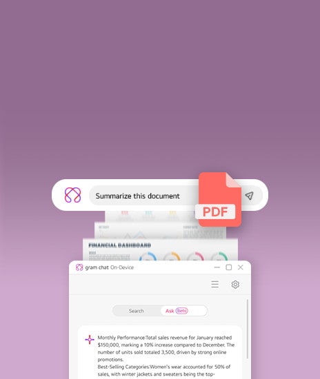 This image shows a search bar at the top with the text 'Summarize this document,' accompanied by a red PDF icon and a cursor pointing to it. Below, a preview of a PDF document is partially visible, and a summary of the document's content is displayed in a chat window labeled 'gram chat On-Device.' The interface suggests an AI-driven feature for summarizing documents.