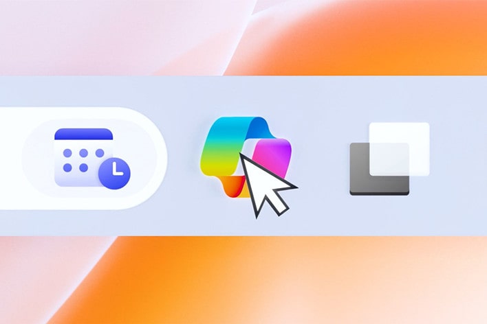 The image features a user interface segment, showcasing icons in a taskbar or app launcher. The center icon, highlighted with a cursor, represents the Windows Copilot, a colorful symbol indicating AI-powered assistance.