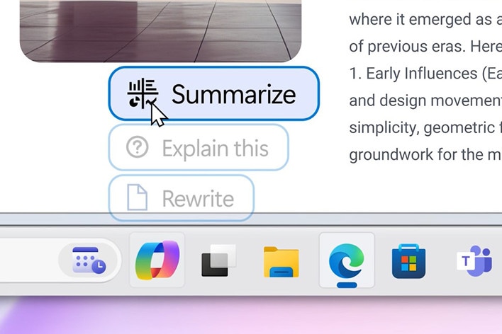 The image shows a cursor hovering over a ";Summarize" button in a digital assistant interface. Below are options like "Explain this" and "Rewrite."