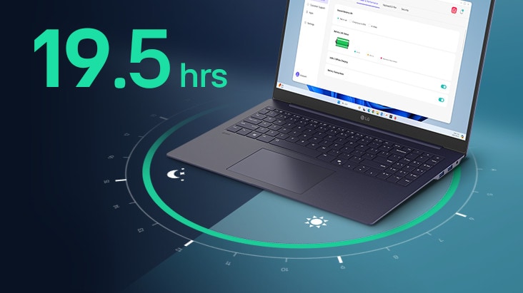 A laptop displaying a battery usage interface on its screen, surrounded by a circular visual representation of time. The text '19.5hrs' is prominently featured, highlighting extended battery life.