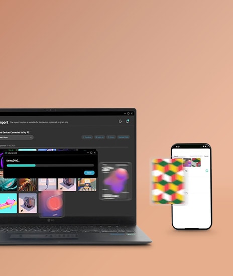 A laptop, tablet, and smartphone are displayed together, all showcasing synchronized content on their screens. The 'gram Link' feature is highlighted, with Apple and Android logos in the bottom right corner, emphasizing cross-device connectivity.