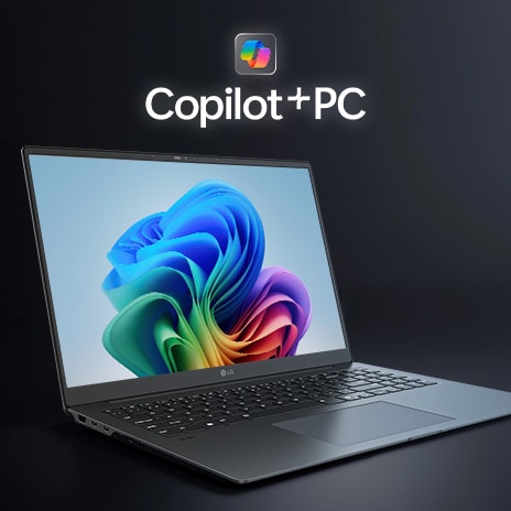 A sleek laptop is showcased with the Windows 11 Bloom wallpaper on its screen. The 'Copilot+PC' logo is prominently displayed in the top, emphasizing AI-integrated functionality.