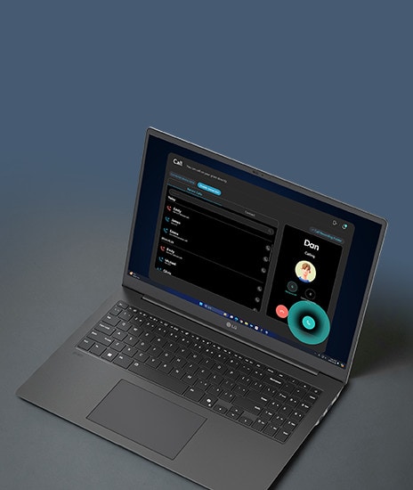 A laptop displaying a communication interface with a floating dial pad, emphasizing its capability to make calls directly from the device. This setup highlights enhanced connectivity and productivity features.