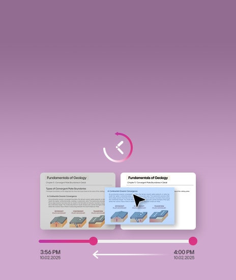 This image shows a timeline for document revisions with two versions of a file titled 'Fundamentals of Geology.' The left version reflects changes at 3:56 PM, while the right shows updates at 4:00 PM on 10.02.2025. A clock icon at the top indicates the ability to revert edits, and a slider below highlights the time gap between the revisions.