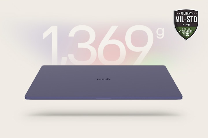 An animation showcasing a lightweight laptop with '1,199g' displayed in the first frame and '12.4mm' thickness in the second frame. Both frames include the MIL-STD durability badge, emphasizing portability and durability.