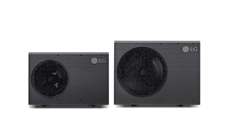 Displayed are two LG Therma V Monobloc outdoor units. A small rectangular one on the left and a larger two-stack unit on the right.