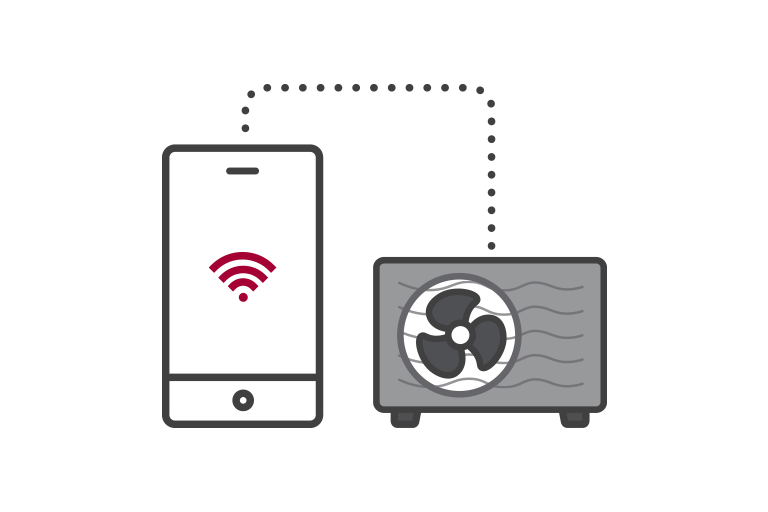 A smartphone showing the WiFi signal sits on the left, connected to an LG air to water heat pump monobloc outdoor unit on the right via a dotted line.