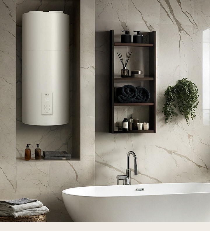 Wall-mounted LG Heat Pump Water Heater integrated into a bathroom, showcasing flexible installation in a recessed space.
