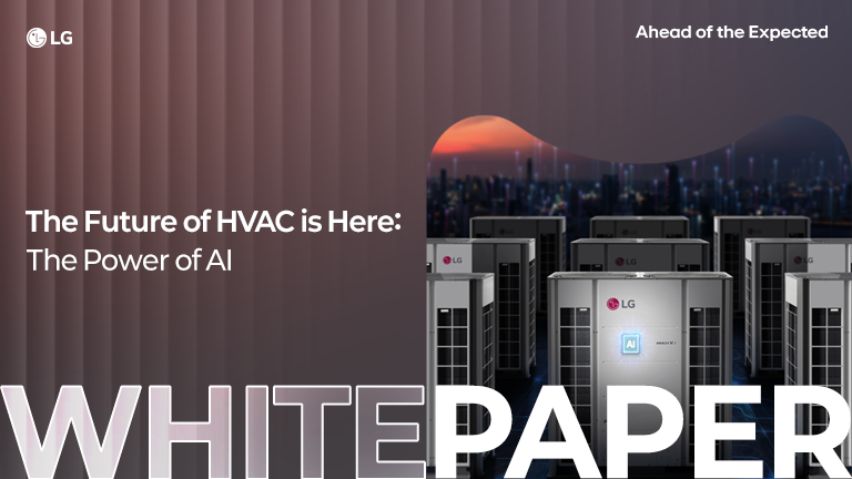 Futuristic LG HVAC units with AI theme, cityscape backdrop, and white paper branding