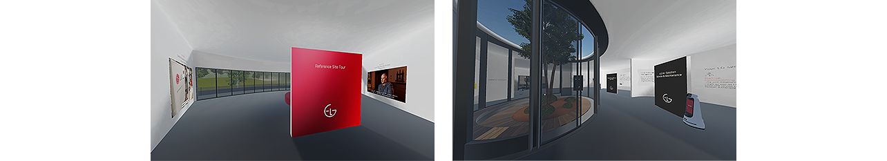 Two images from LG Introduction exhibition space, one with the red LG wall and one with other part of the exhibition