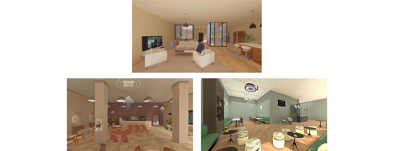 Two images from LG Introduction exhibition space, oen with the red LG wall and one with other part of the exhibition