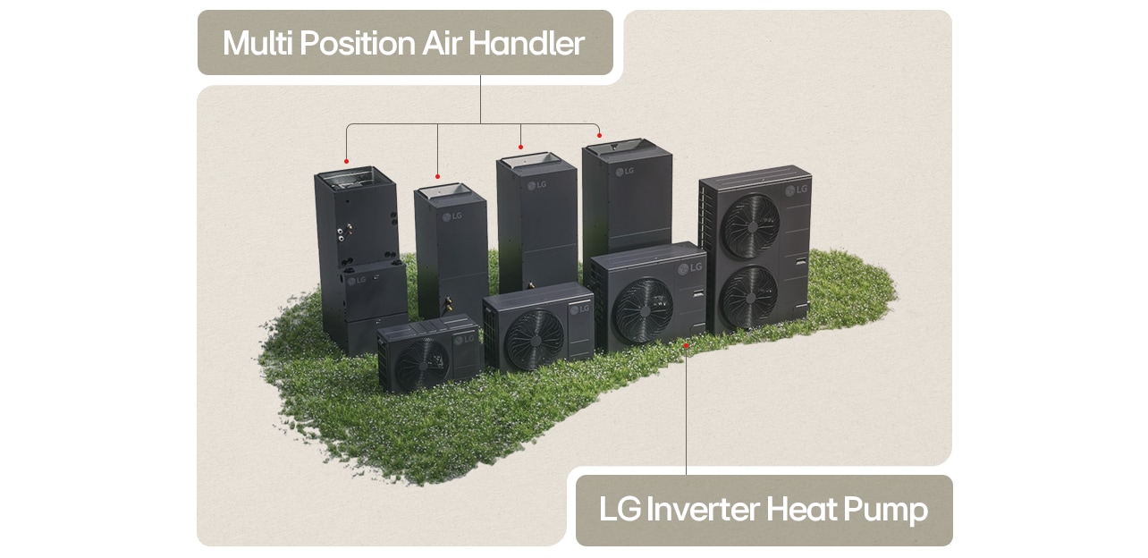 LG HVAC lineup on grass featuring multi-position air handlers and inverter heat pumps for energy-efficient solutions