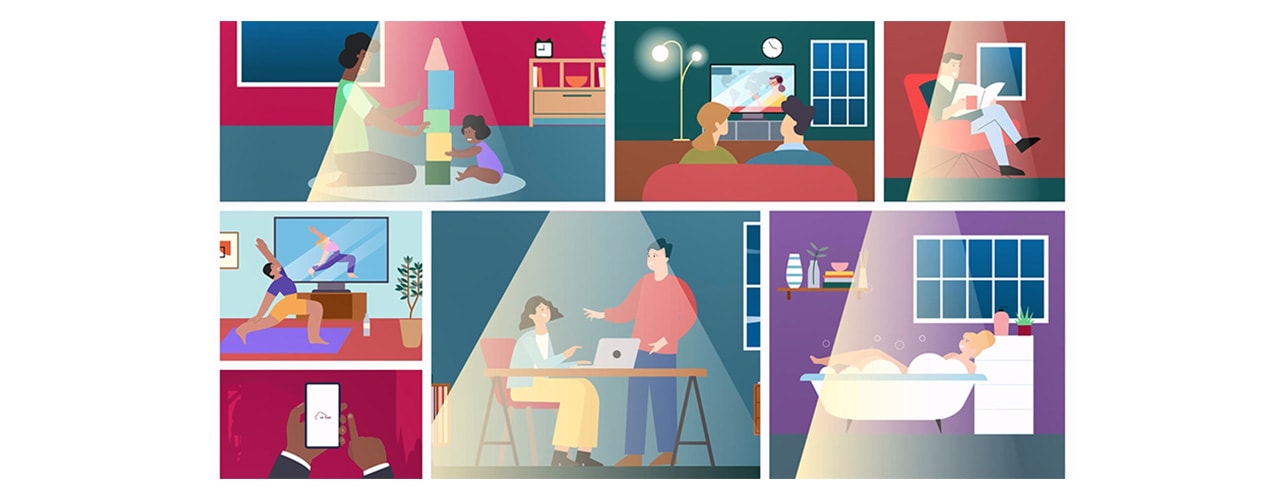 A collection of images showcasing people interacting in diverse room settings, highlighting different environments.