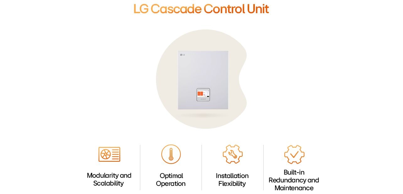 LG infographic highlights Cascade Control Unit’s modularity, flexible installation, optimal operation, and system redundancy.