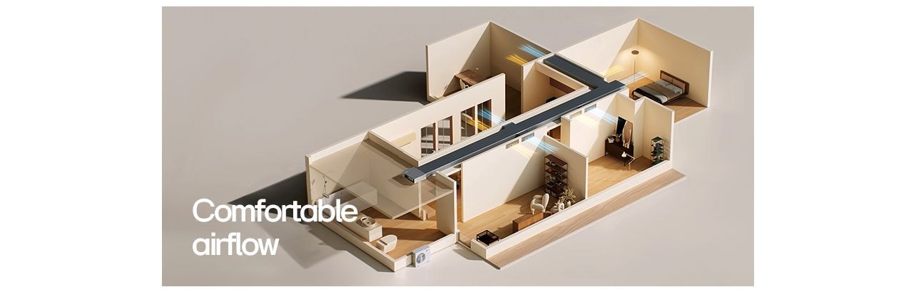3D house interior with ceiling duct arrows show airflow in living, kitchen, bedroom & bath; labeled 'Comfortable airflow'.