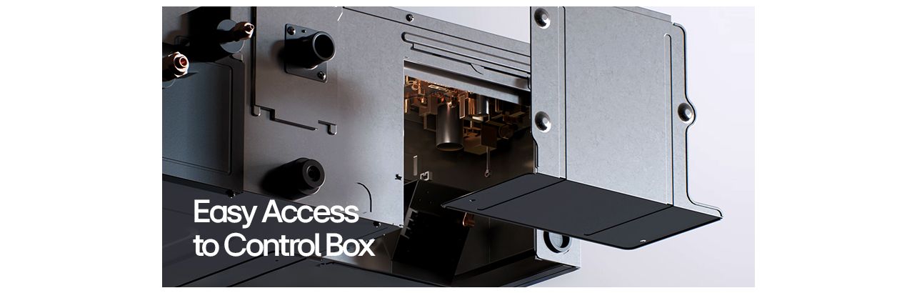 Control box open panel reveals internal connectors & components; labeled 'Easy Access to Control Box'.