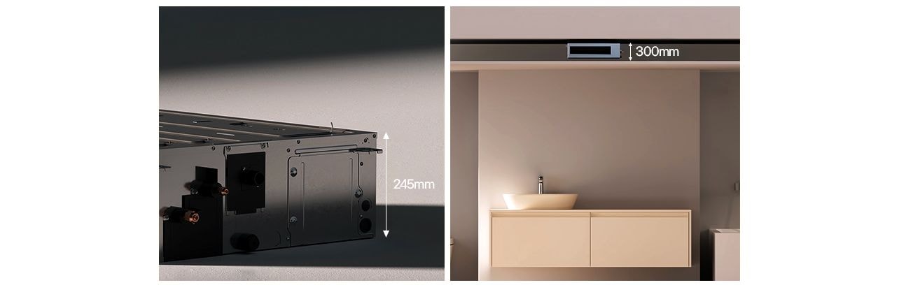 Left metal connector panel (245mm) and right modern bathroom with ceiling vent (300mm).